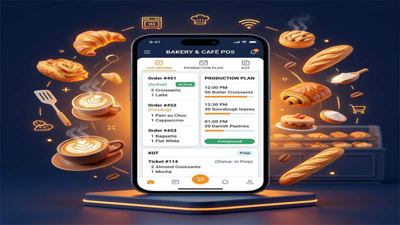 RetaPOS bakery and cafe POS system showing daily production planning and KOT on smartphone