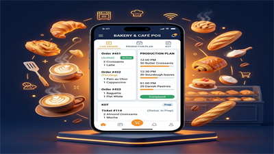 RetaPOS bakery and cafe POS system showing daily production planning and KOT on smartphone