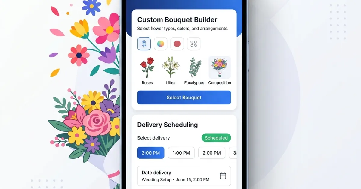 RetaPOS florist POS system showing perishable flower inventory, custom bouquet orders and event scheduling on smartphone
