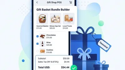 RetaPOS gift shop POS system showing gift-basket bundling, seasonal inventory and sales-tax billing on smartphone