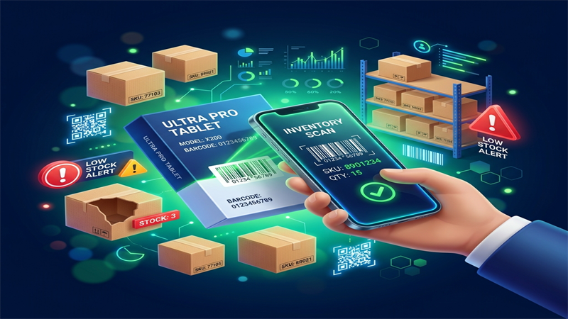 RetaPOS retail inventory management showing barcode scanning and stock levels on smartphone for small store