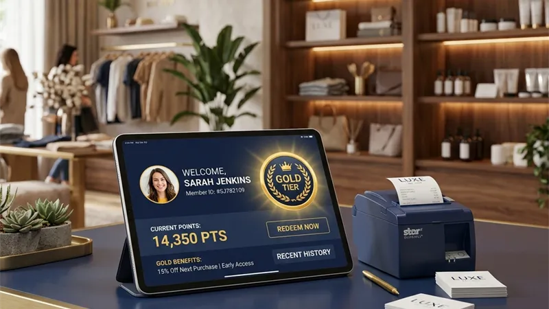 RetaPOS retail loyalty program showing points, tiers and a WhatsApp loyalty offer on smartphone